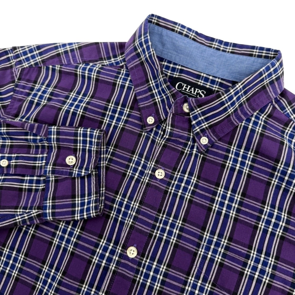 Chaps Shirt Mens L Purple Plaid Long Sleeve Button Up Easy Care Casual Preppy